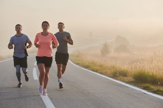 A group of friends, athletes, and joggers embrace the early morning hours as they run through the misty dawn, energized by the rising sun and surrounded by the tranquil beauty of nature.