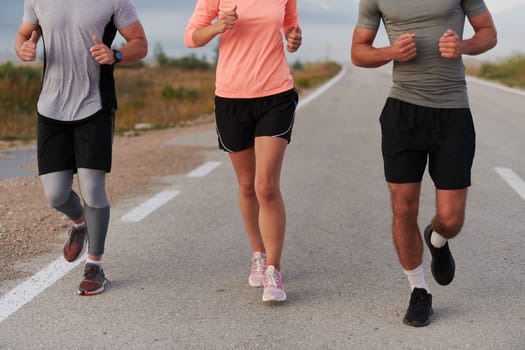 A group of friends, athletes, and joggers embrace the early morning hours as they run through the misty dawn, energized by the rising sun and surrounded by the tranquil beauty of nature.