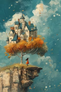 In the land of dreams, a girl standing on the edge of a cliff with dreams of home, flying in a dream, life on a flying rock. illustration.