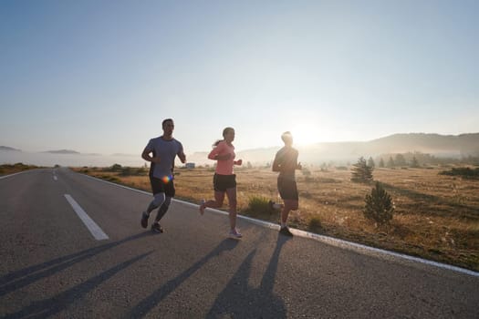 A group of friends, athletes, and joggers embrace the early morning hours as they run through the misty dawn, energized by the rising sun and surrounded by the tranquil beauty of nature.