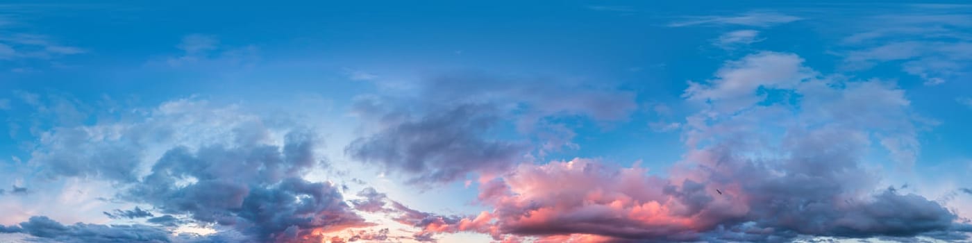 Sunset sky panorama with bright glowing pink Cumulus clouds. HDR 360 seamless spherical panorama. Sky dome or full zenith for 3D visualization, sky replacement for aerial drone panoramas