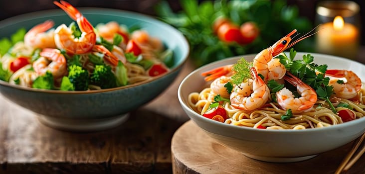 Noodles, shrimp, dinner in bowl, traditional cuisine served, indoor lighting highlights steam