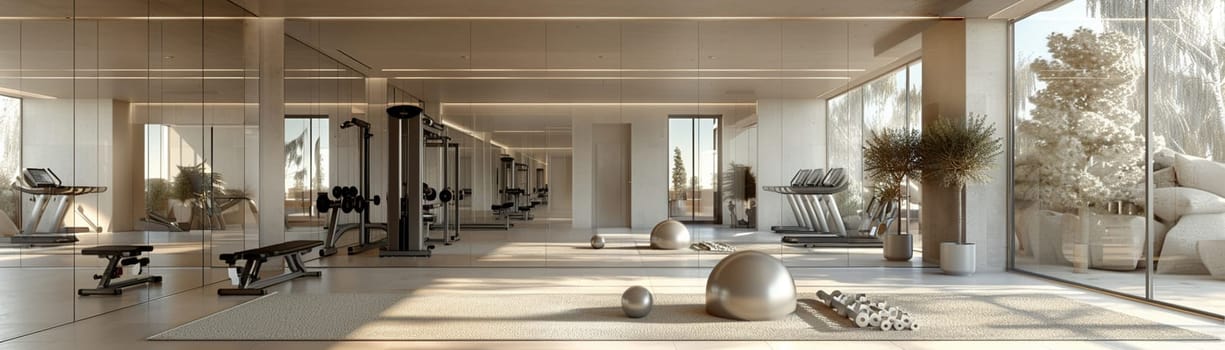 Functional and stylish home gym with mirrored walls and modern equipmentup32K HD