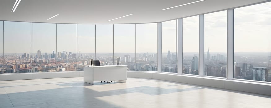 Empty office, high-rise building, city skyline view