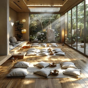 Peaceful yoga studio with natural wood floors and calming colorsHyperrealistic