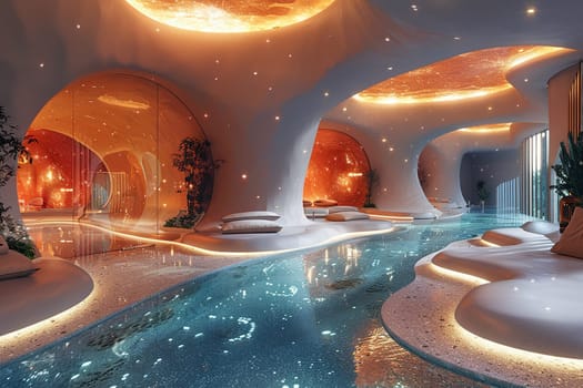 Futuristic lobby with interactive installations and high-tech featuressuper detailed