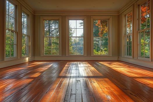 Peaceful yoga studio with natural wood floors and calming colorsHyperrealistic