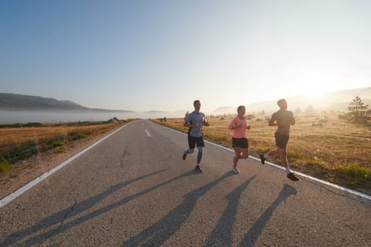 A group of friends, athletes, and joggers embrace the early morning hours as they run through the misty dawn, energized by the rising sun and surrounded by the tranquil beauty of nature.