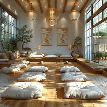 Peaceful yoga studio with natural wood floors and calming colorsHyperrealistic