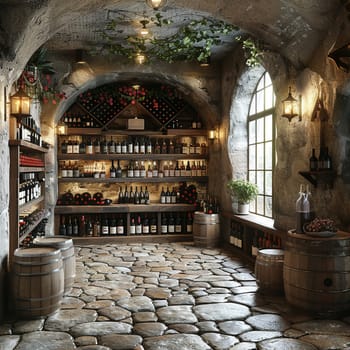 Rustic wine cellar with stone walls and wooden wine racksup32K HD