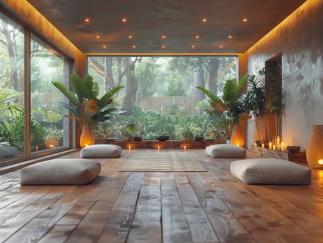 Peaceful yoga studio with natural wood floors and calming colorsHyperrealistic