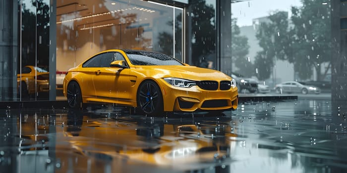 A yellow BMW M4 with its sleek wheels and tires is parked in a showroom on the wet asphalt under the rain, showcasing its exquisite automotive lighting and hood design