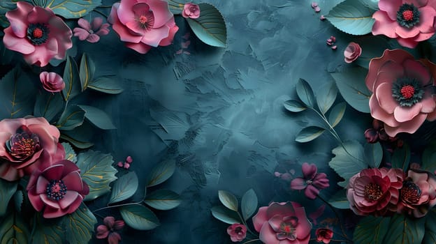 A frame of pink hybrid tea roses with green leaves on a dark blue background, showcasing the beauty of flowering plants in an artistic composition