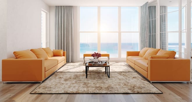 Modern sea view living room interior. 3d rendering design concept