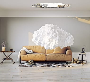 cloud in the room. 3d creative concept rendering