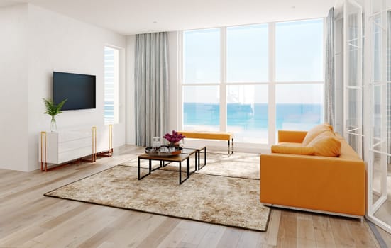 Modern sea view living room interior. 3d rendering design concept