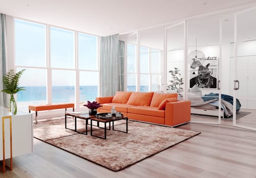 Modern sea view living room interior. 3d rendering design concept