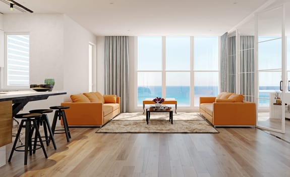 Modern sea view living room interior. 3d rendering design concept