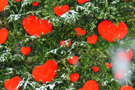 Snowy Love: A Scattered Array of Passionate Red Hearts Delights in the Winter Wonderland