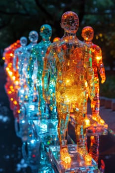 A group of colorful people made of glass in a queue on a black background.