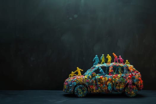 A multicolored passenger car made up of many people on a black background. The concept of the relationship between a car and a person. 3d illustration.