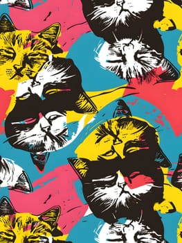 A striking poster featuring a pattern of black cats on a vibrant, colorful background. This visually arresting art piece showcases the beauty of the Felidae family in a unique and captivating way