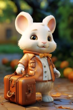 A funny character of a hare traveler with a suitcase on the street. 3d illustration.