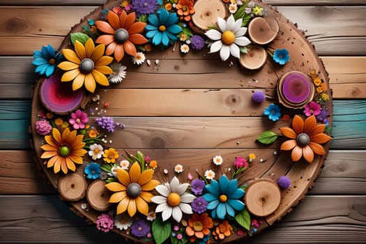 abstract background of flowers and old wood.. AI generated image.