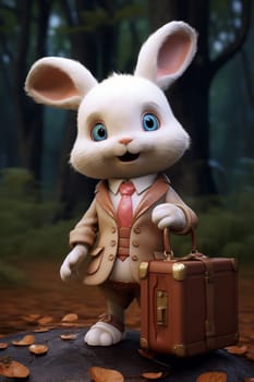 A funny character of a hare traveler with a suitcase on the street. 3d illustration.