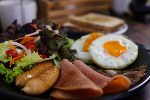 Healthy Breakfast With Fresh Organic Vegetable Salad Fried Egg And Sausages. Fresh food.
