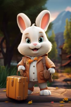 A funny character of a hare traveler with a suitcase on the street. 3d illustration.