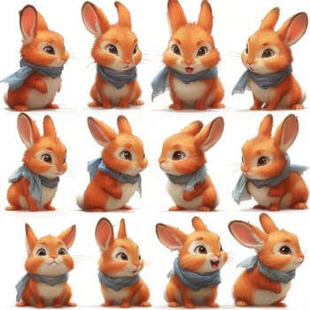 A set of adorable cute red rabbits on a white background.