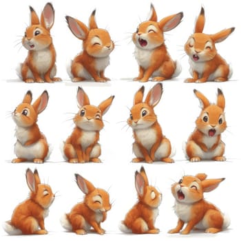 A set of adorable cute red rabbits on a white background.