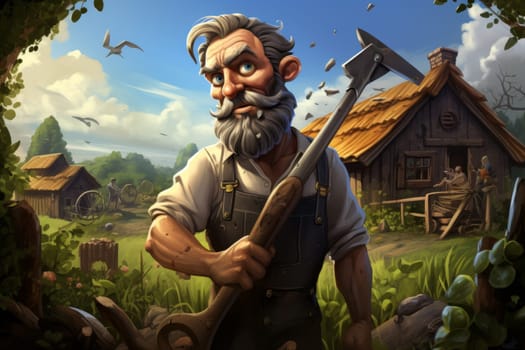 A cartoon character of a lumberjack with an axe in his hands. 3d illustration.