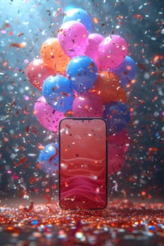 Smartphone on the background of festive balloons and confetti . The concept of shopping and holidays.