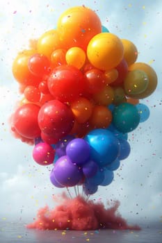 Lots of festive colorful balloons on a black background.