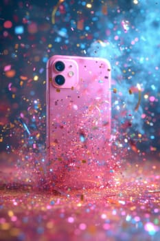 Smartphone on a confetti background. The concept of shopping and holidays.