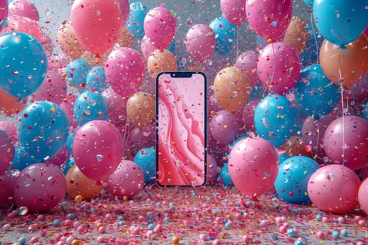 Smartphone on the background of festive balloons and confetti . The concept of shopping and holidays.