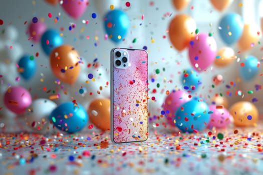 Smartphone on the background of festive balloons and confetti . The concept of shopping and holidays.