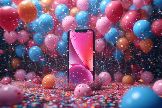 Smartphone on the background of festive balloons and confetti . The concept of shopping and holidays.