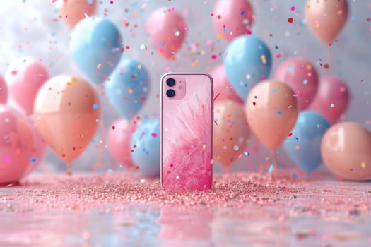 Smartphone on the background of festive balloons and confetti . The concept of shopping and holidays.