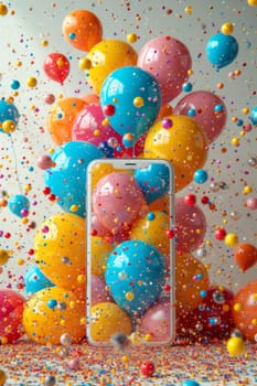 Smartphone on the background of festive balloons and confetti . The concept of shopping and holidays.