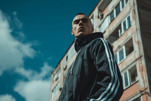 Portrait of a man in a retro black tracksuit from the 90s. Stylish hipster in a tracksuit on the street.