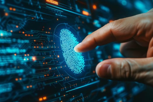 Human fingerprint scanning and biometric authentication. Future technologies and cybernetics.