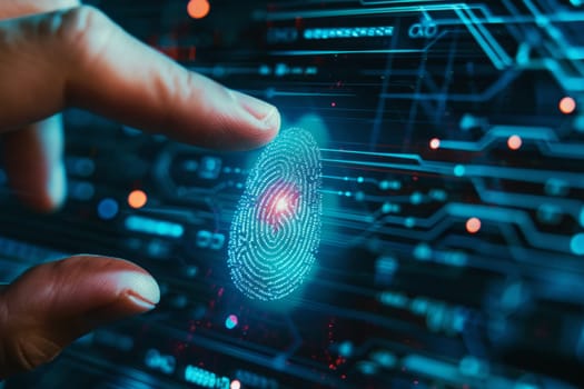 Human fingerprint scanning and biometric authentication. Future technologies and cybernetics.