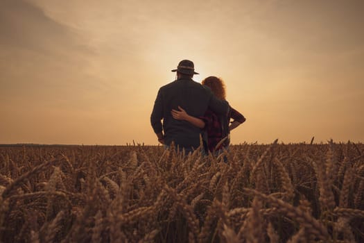 Man and woman are standing in their agricultural field in sunset. They are cultivating wheat and enjoying good agricultural season.
