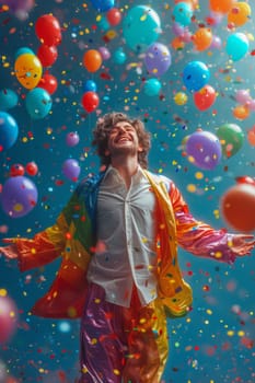 A happy cheerful man rejoices in bright multicolored balloons.