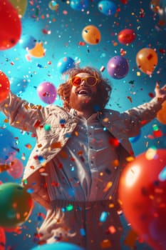 A happy cheerful man rejoices in bright multicolored balloons.