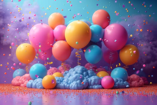 Lots of festive colorful balloons on a colored background.