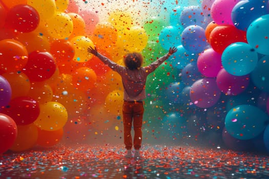A happy cheerful man rejoices in bright multicolored balloons.